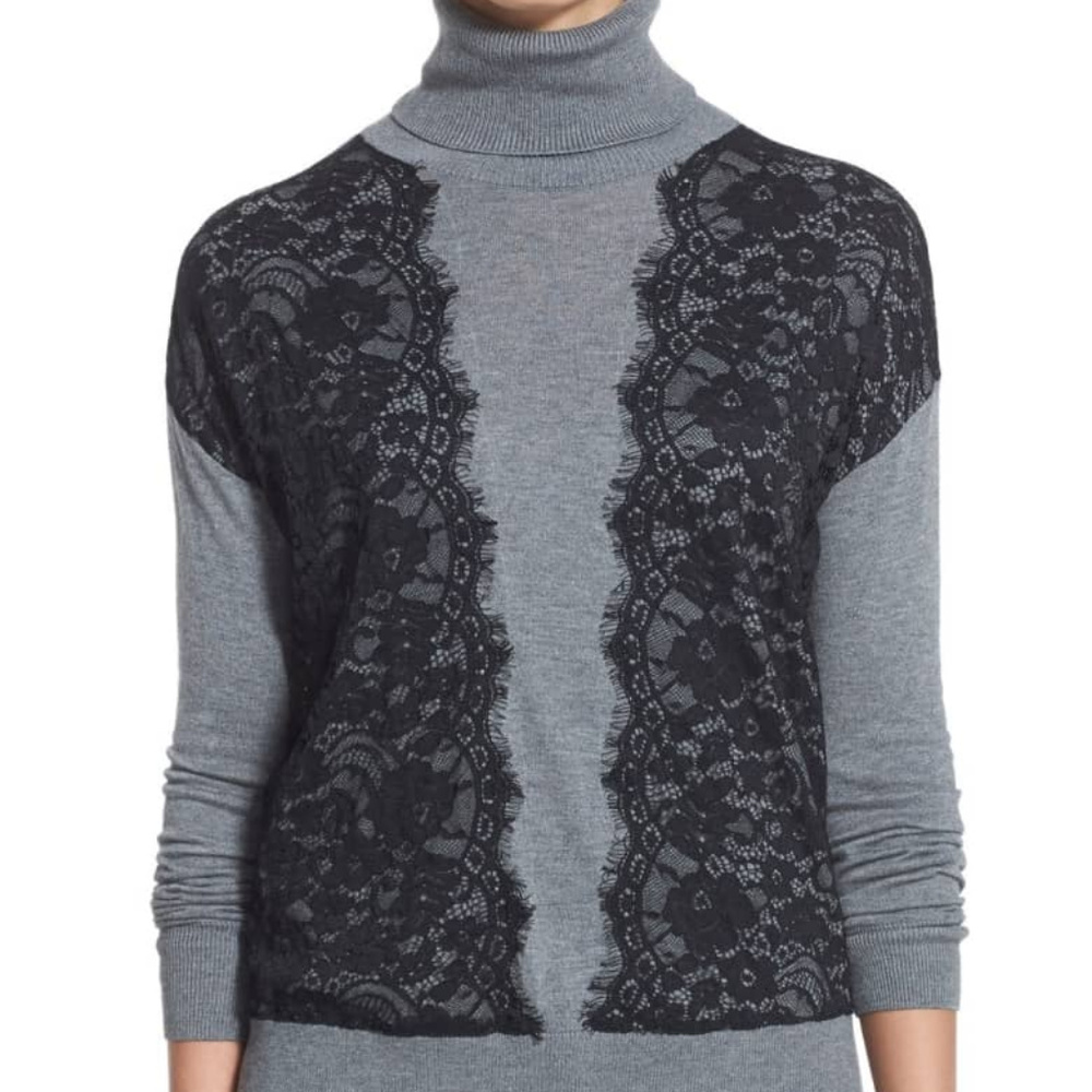 Halogen Gray Turtleneck Black Lace sz M ~ A336